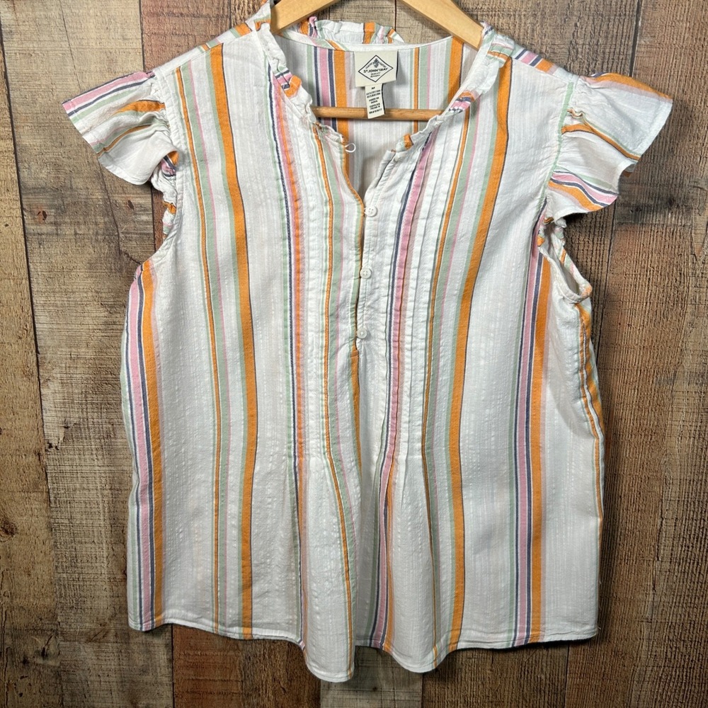 St Johns Bay M Pastel Striped Flutter Sleeve Blouse Cotton Slub Pintuck Henley